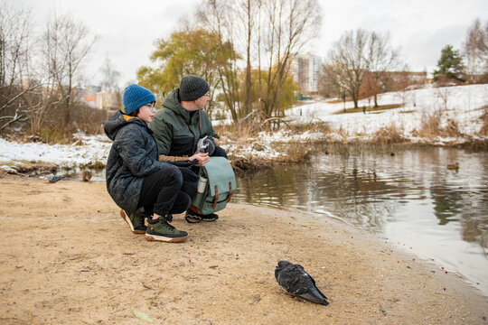 A father and son are squatting by a snow-covered pond in a city park and feeding birds along the shoreline.