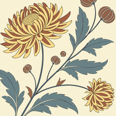 Vintage chrysanthemum flower illustration with buds and leaves floral