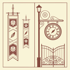 Vintage Banners Street Lamp With Clock And Ornate Gate On Beige Background flag lamp post