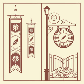 Vintage Banners Street Lamp With Clock And Ornate Gate On Beige Background flag lamp post