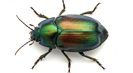 Vivid iridescent green beetle glistens brilliantly under bright studio light isolated on a pure white background. AI Generated
