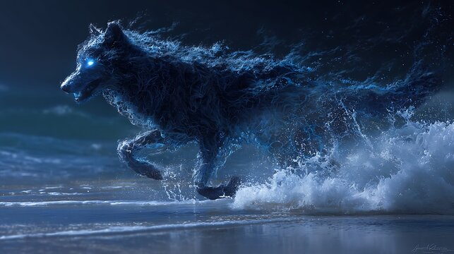 &ldquo;A wolf made of ocean mist running across waves, glowing blue eyes, splashing water trails, photorealistic fantasy composition, fine art style 