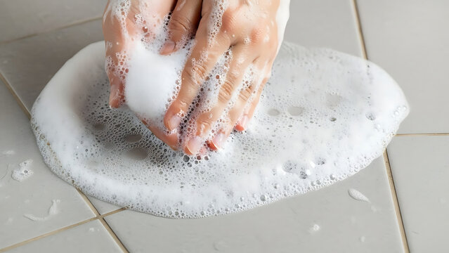 Woman washing hands with soap and water for hygiene and cleanliness on a tiled surface - Powered by Adobe