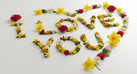 Bright colorful I LOVE YOU message delicately spelled with diverse blossoms on a clean white surface conveying heartfelt romance. AI Generated