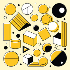 Yellow and Black Geometric Shapes and Cubes on Light Yellow Background abstract