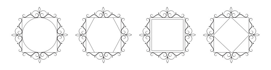 Vintage Ornate Frame Set: Filigree Border, Circle, Square, Hexagon, Diamond Shapes