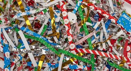 A vibrant and festive pile of shredded holiday wrapping paper in various colorful patterns and textures