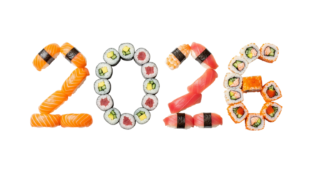 Sushi numbers 2026, a fresh and delicious New Year concept. Isolated on Transparent Background