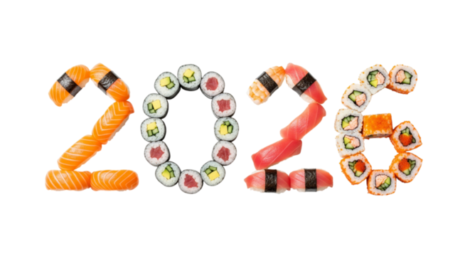 Sushi numbers 2026, a fresh and delicious New Year concept. Isolated on Transparent Background