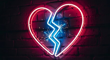 Vibrant neon broken heart sign illuminates a dark brick wall with electric blue and red light