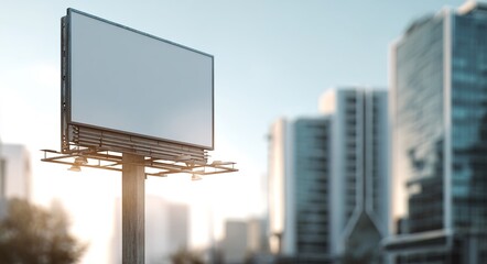 A blank billboard stands prominently on a street corner, awaiting advertisement, with modern office buildings blurred in the background under a clear sky. High quality