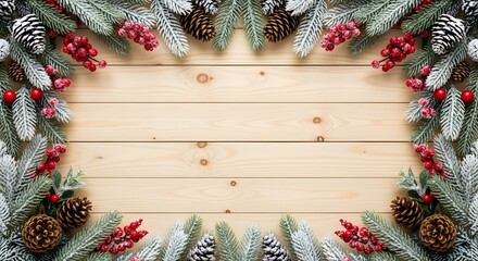 A festive winter flat lay with light wooden planks surrounded symmetrically by frosted evergreen branches, detailed pine cones, and bright red berries. Snow effects create contrast against the wood gr