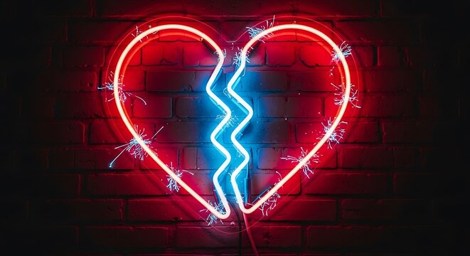 A vibrant neon broken heart sign glows with red and blue light against a dark brick wall background