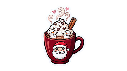 a fancy mug of hot cocoa. The ceramic mug is red with a cute Santa face pattern on the front