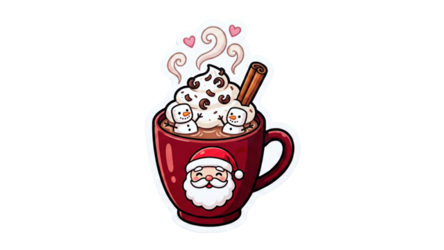 a fancy mug of hot cocoa. The ceramic mug is red with a cute Santa face pattern on the front