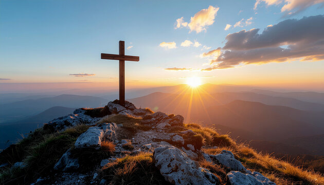 Sunrise Over Mountain Ridge with Wooden Cross on Rocky Hilltop - Powered by Adobe