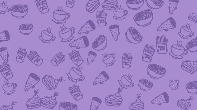 Lavender image shows cute doodles of coffee desserts and french fries. Suitable for foodrelated designs or advertising materials.