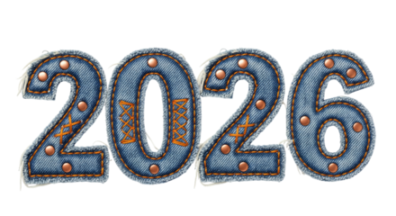 Stylish Denim Fabric Year 2026 with Stitching and Rivets Isolated on Transparent Background