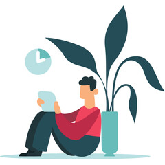 Man Sitting Reading Book Beside Tall Green Plant and Clock on Transparent Background Flat Design Illustration