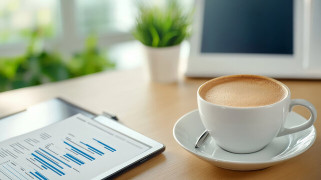 Coffee cup tablet document plant office workspace morning light productivity