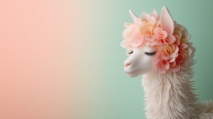 Naklejka premium Whimsical Alpaca with Floral Crown on Pastel Background