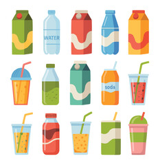 Colorful Beverage Icons  Flat Vector Mini-Illustrations for Kids