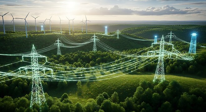 Green Energy Grid - Power Lines and Wind Turbines.
