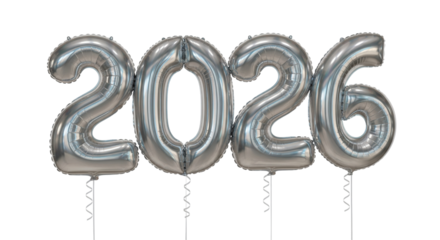 2026 Silver Metallic Foil Balloons Isolated on Transparent Background