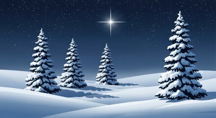 Obraz premium Winter night landscape with snow covered pine trees, bright North Star in starry sky, Christmas holiday background with snowy hills