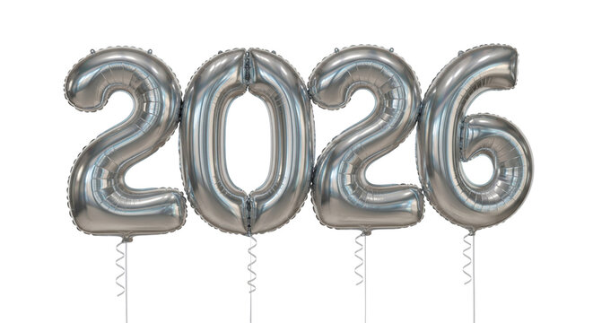 2026 Silver Metallic Foil Balloons Isolated on Transparent Background