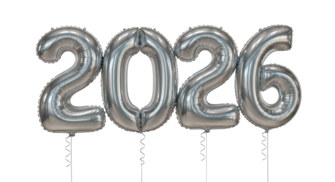 2026 Silver Metallic Foil Balloons Isolated on Transparent Background