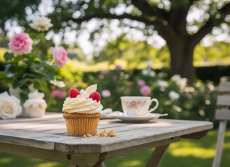 Gourmet vanilla cupcake with white frosting and fresh raspberries on a rustic wooden patio table in a blooming summer garden setting
