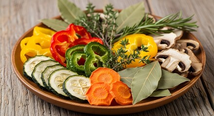 Vegetables mushrooms herbs plate food zucchini carrots peppers rosemary thyme bay leaves healthy diet