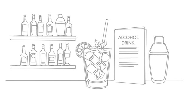 Line art illustration of a bar scene with drinks and bottles.