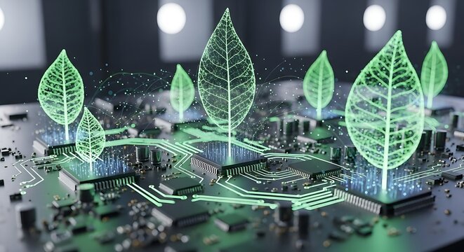 Green Technology - Leaves on Circuit Board Representing Sustainable Tech. - Powered by Adobe