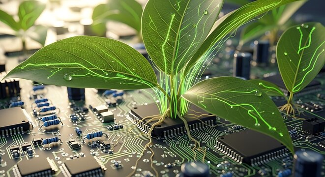 Green Technology - Plants Growing on a Circuit Board. - Powered by Adobe