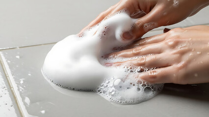 Woman washing hands with soap creating a rich lather for hygiene and cleanliness