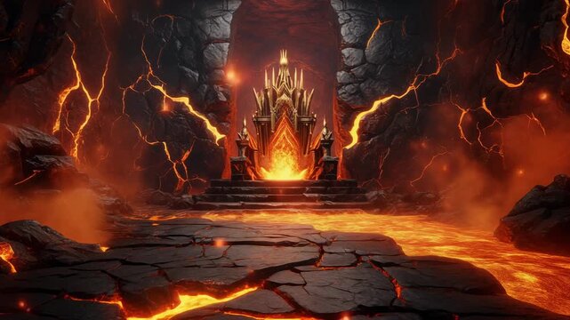 Fantasy scene with lava throne and stairs.