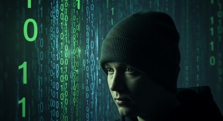 Hacker in Beanie with Binary Code Background.