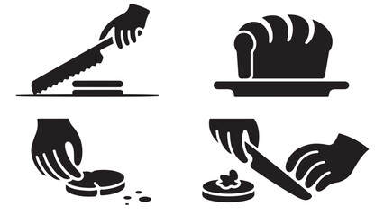 Set of bread preparation icons showing slicing and buttering simple flat vector glyphs for culinary instructions