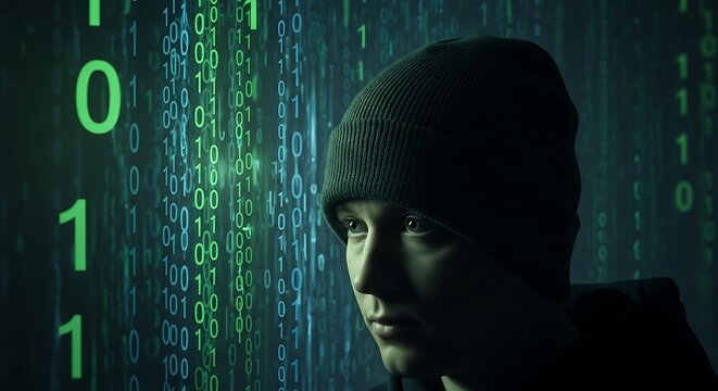 Hacker in Beanie with Binary Code Background.