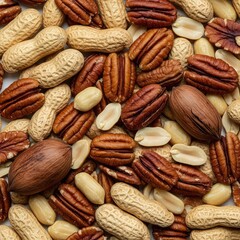 Obraz premium An abundant scattering of raw, shelled peanuts and crunchy pecan halves arranged closely together, perfect for baking or snacking ,gastronomy ,food ,vegan