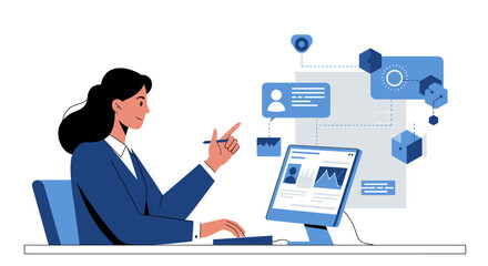 Businesswoman Working on Computer with Data Visualization.