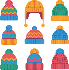 Colorful Knitted Winter Hats PNG  Flat Vector Element Set