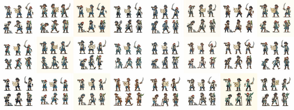 Massive spritesheet of vintage cartoon pirates performing various actions like sailing, searching for treasure, digging, and fighting, isolated on white.