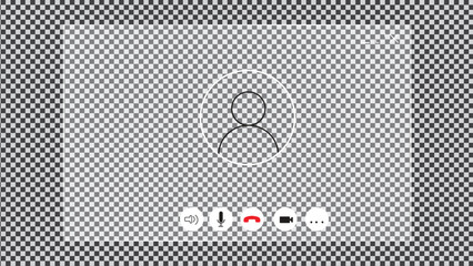 Video call screen with liquid glass frame. White light board with call interface for web and tablet or pad. Sound, mic, video and avatar. Messenger app mockup, vector illustration