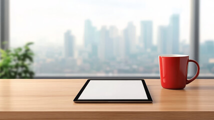 Digital tablet on clean wooden desk with red coffee mug, city view background, calm morning