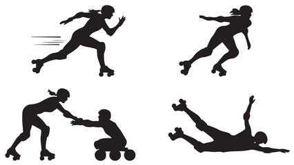 Silhouette of roller skaters in various poses vector illustration of people skating isolated on white background