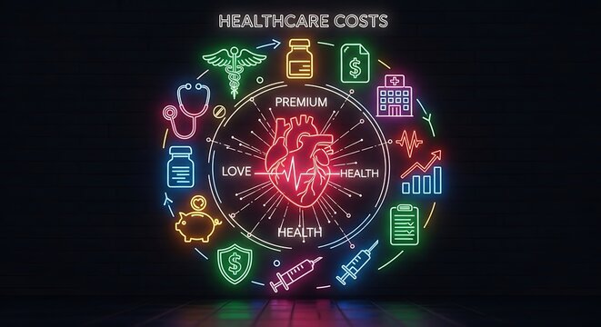 Healthcare Costs Neon Illustration with Heart and Medical Icons.