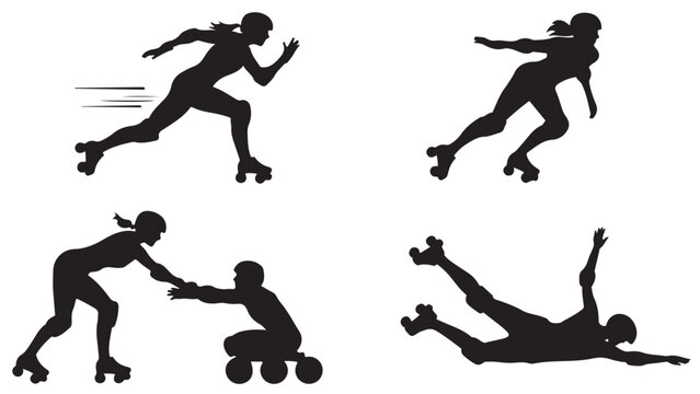 Silhouette of roller skaters in various poses vector illustration of people skating isolated on white background